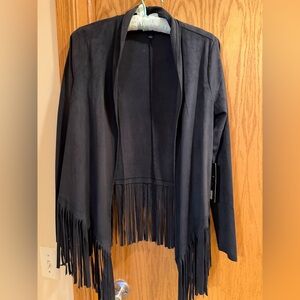 Rock & Republic Black Open-Front Fringe Suede Jacket